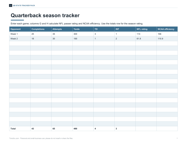 Preview of Printable QB Season Tracker